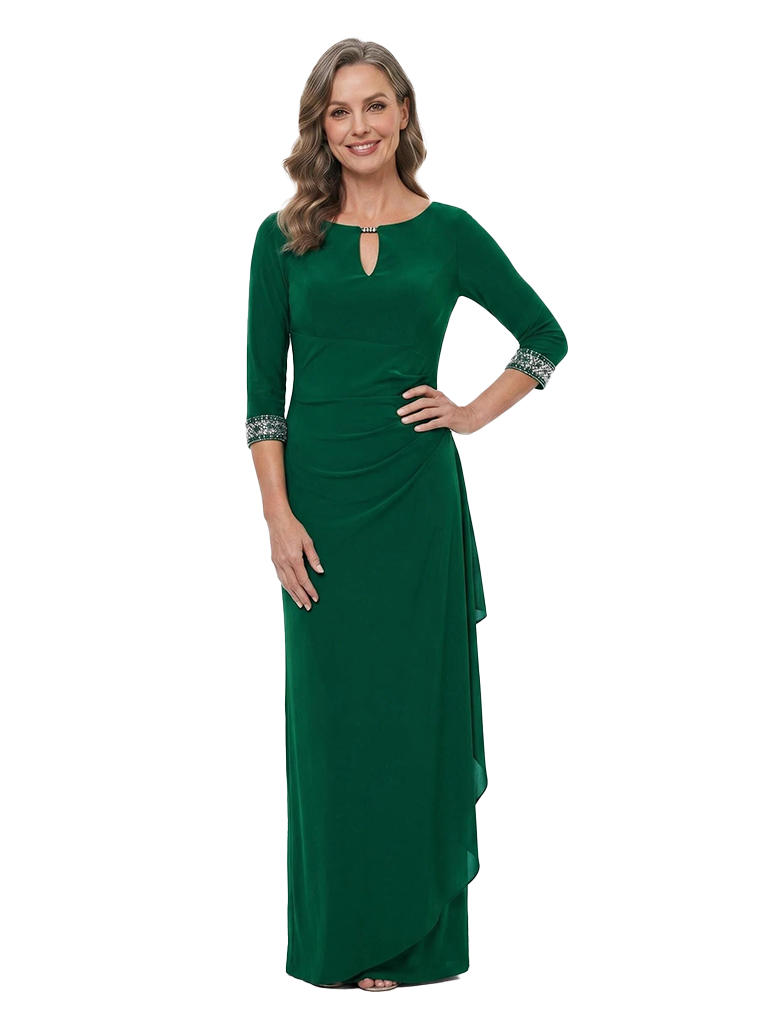 ChicSew Keyhole Neck 3/4 Sleeve Beaded Chiffon Sheath Floor-Length Mother of the Bride Dress