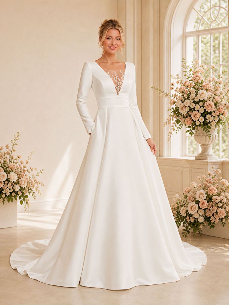 ChicSew Unique V-Neck Long Sleeves Satin A-Line Floor-Length Wedding Dresses With Lace