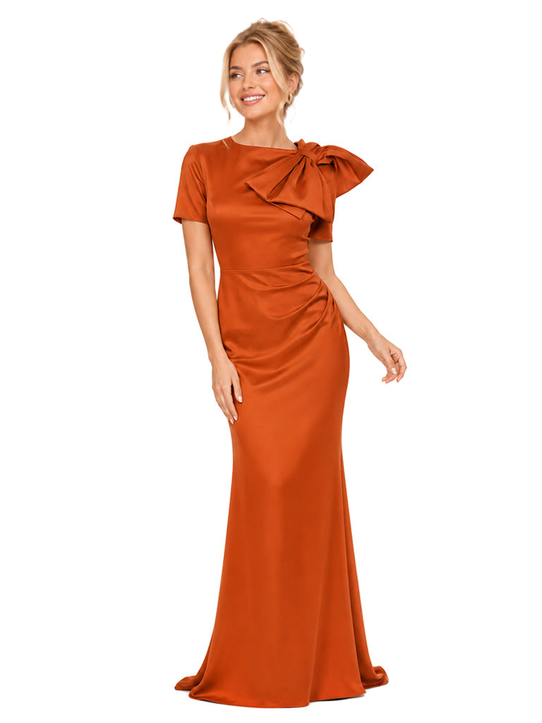Chicsew Sexy Jewel Short Sleeve Satin Unique Long Mermaid Bridesmaid Dresses