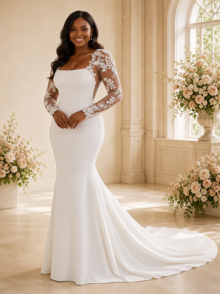 ChicSew Modern Mermaid Square Neck Long Sleeves Lace Crepe Maxi Wedding Dress