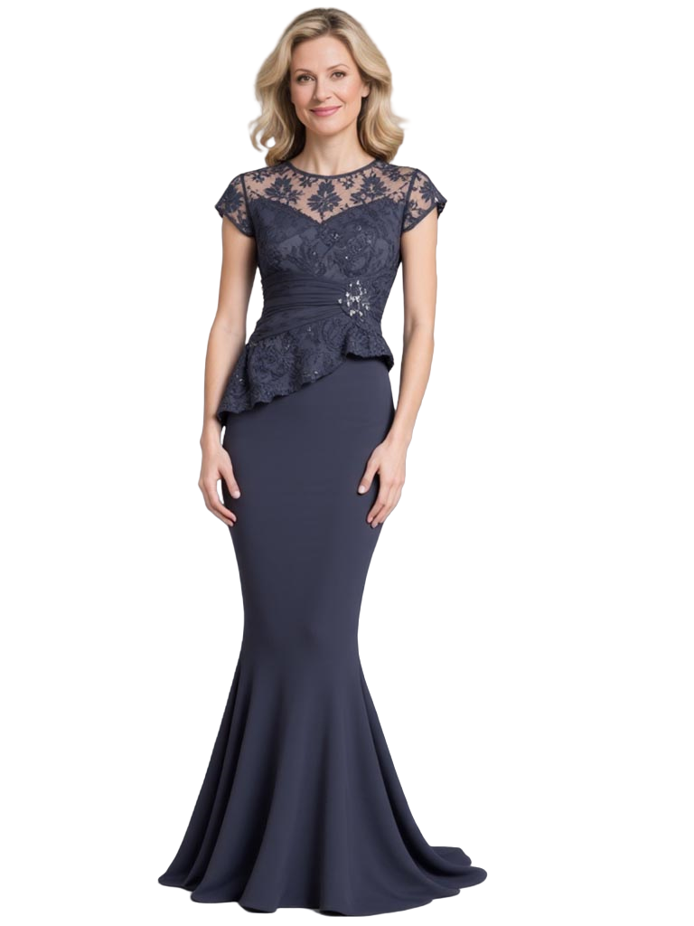 Elegant Illusion Cap Sleeves Lace Chiffon Mermaid Trendy Mother Of The Bride Dresses