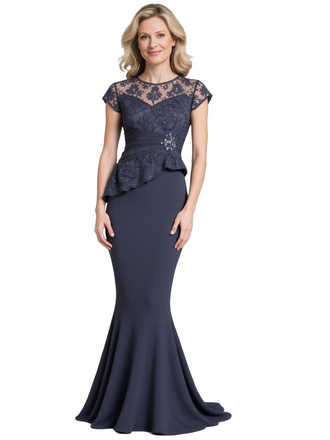Elegant Illusion Cap Sleeves Lace Chiffon Mermaid Trendy Mother Of The Bride Dresses