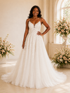 ChicSew Fancy Spaghetti Straps V-Neck Lace Appliques Glitter Tulle A-Line Maxi Wedding Dress