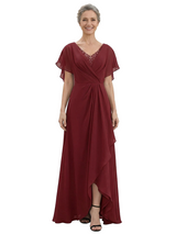 ChicSew V-Neck Flutter Sleeve Beaded Lace Applique Ruched Bodice High Low Hem Floor Length Chiffon Romantic Mom Of The Groom Dresses