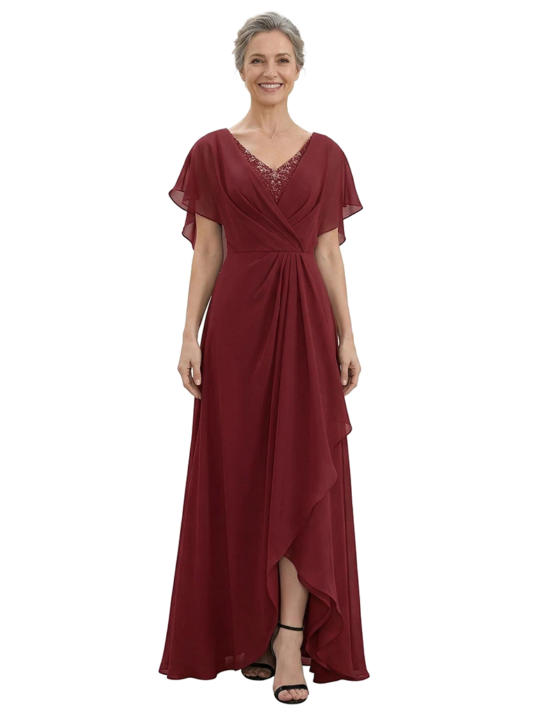 ChicSew V-Neck Flutter Sleeve Beaded Lace Applique Ruched Bodice High Low Hem Floor Length Chiffon Romantic Mom Of The Groom Dresses