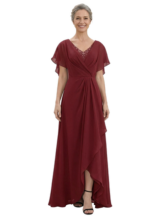 ChicSew V-Neck Flutter Sleeve Beaded Lace Applique Ruched Bodice High Low Hem Floor Length Chiffon Romantic Mom Of The Groom Dresses