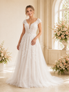 ChicSew Fancy Cap Sleeves V-Neck Lace Tulle Open Back Maxi A-Line Wedding Dress
