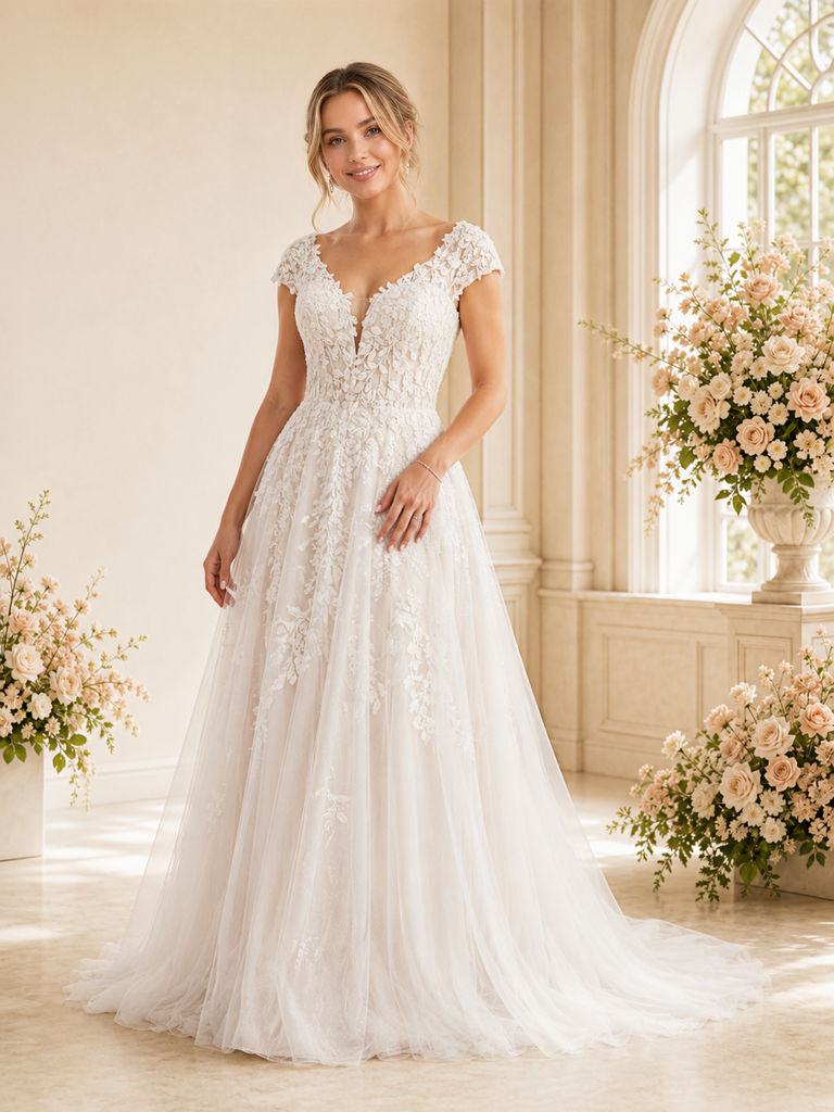ChicSew Fancy Cap Sleeves V-Neck Lace Tulle Open Back Maxi A-Line Wedding Dress
