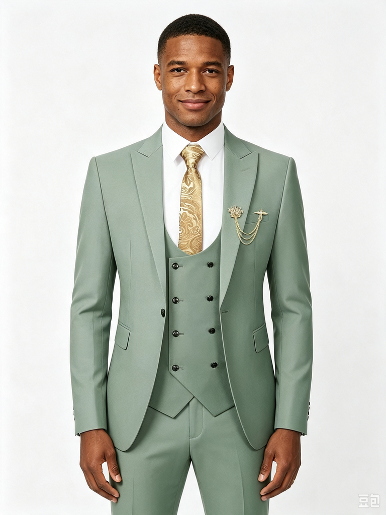 Classic 3 Piece Sage Men's Suit with Regular Fit and Sophisticated Peak Lapel