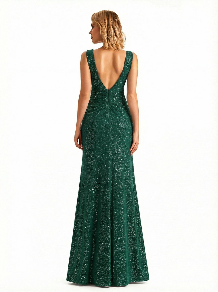 Shiny V-neck Mermaid Glitter Jersey Side Slit Maxi Formal Dresses For Women