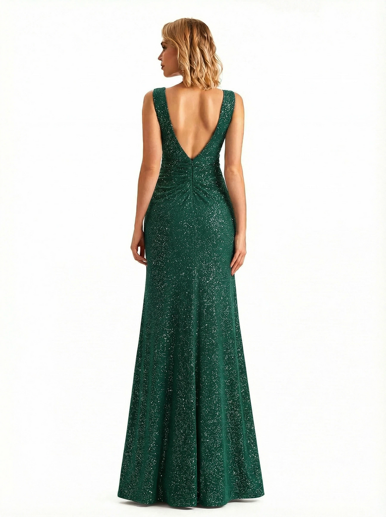 Shiny V-neck Mermaid Glitter Jersey Side Slit Maxi Formal Dresses For Women