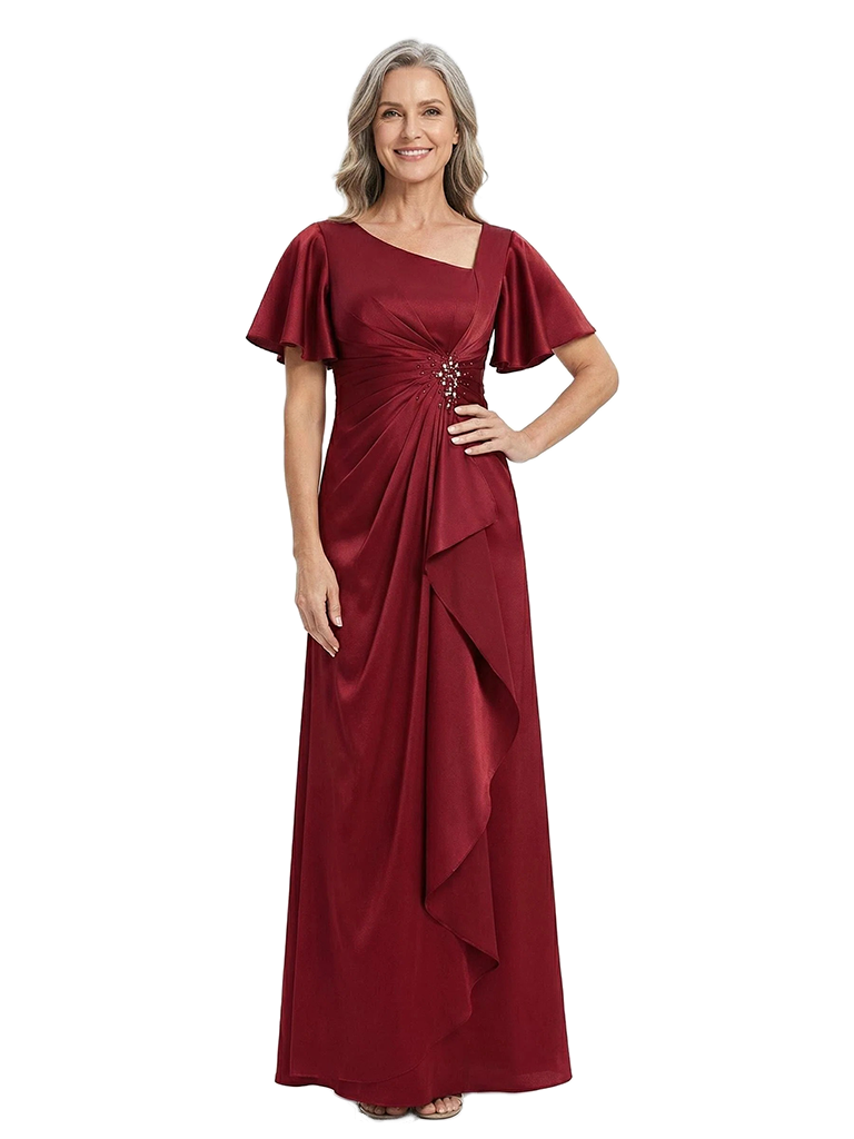 ChicSew Unique Asymmetrical Neckline Silky Satin Ruffle A-Line Mother Of The Bride Gown With Flutter Sleeves