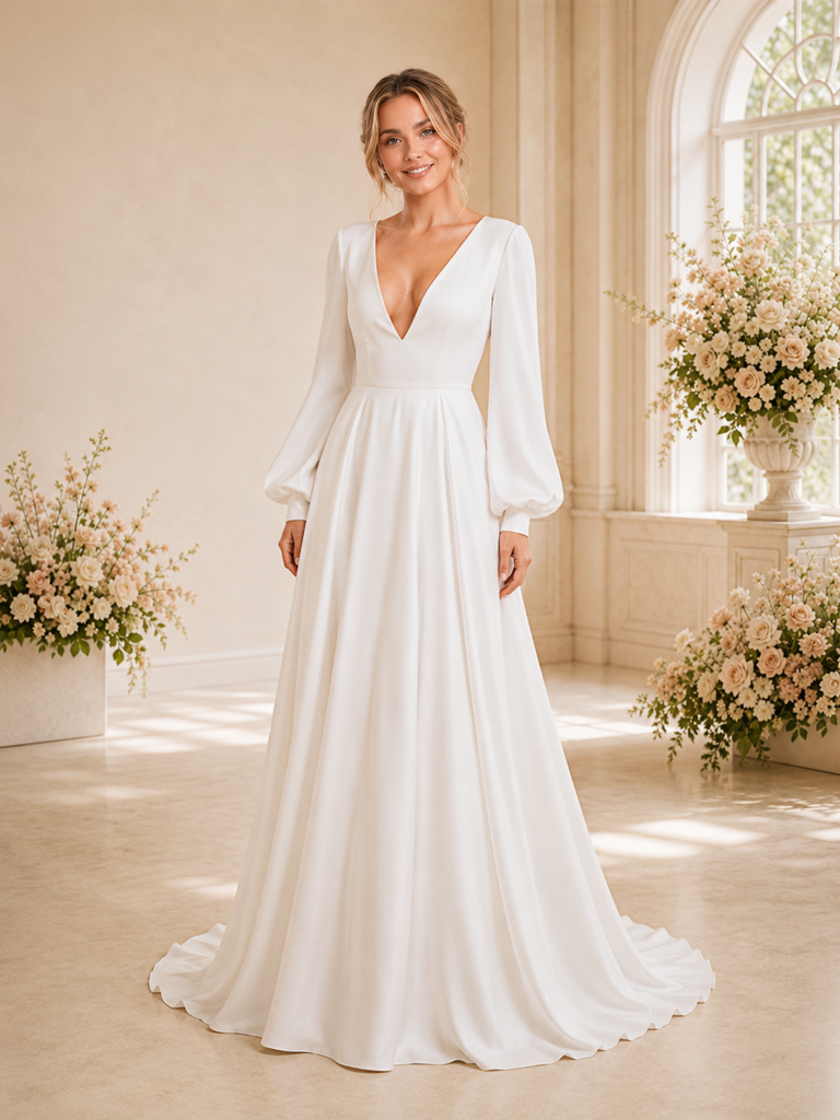 ChicSew Fancy Satin A-Line Deep V-Neck Long Sleeves Pleated Floor-Length Wedding Dress