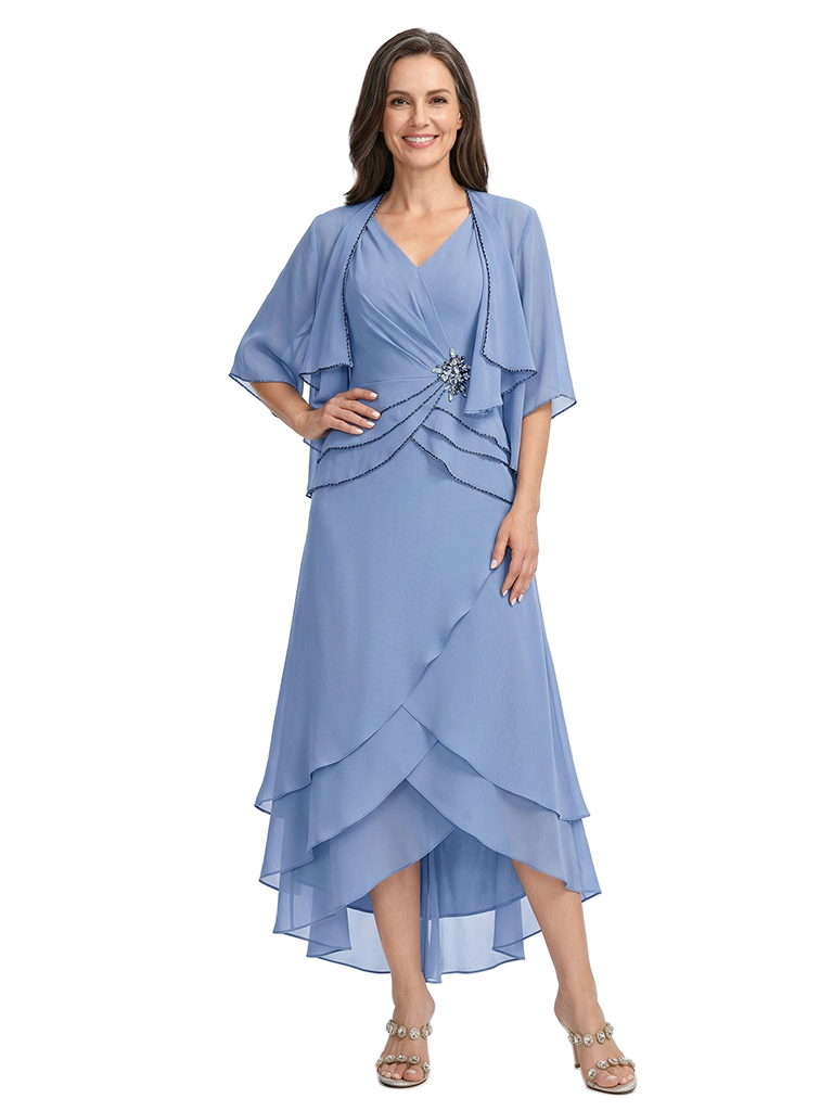 ChicSew Fancy Chiffon V-Neck Mother Of The Bride Dress With Matching Jacket And Tiered High Low Hemline