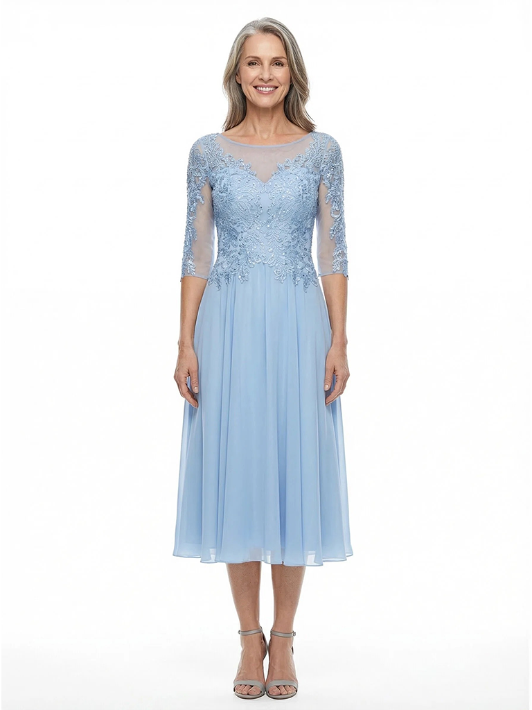 ChicSew Jewel 3/4 Sleeves A-Line Chiffon Tea-Length Lace Mother Of The Bride Dress