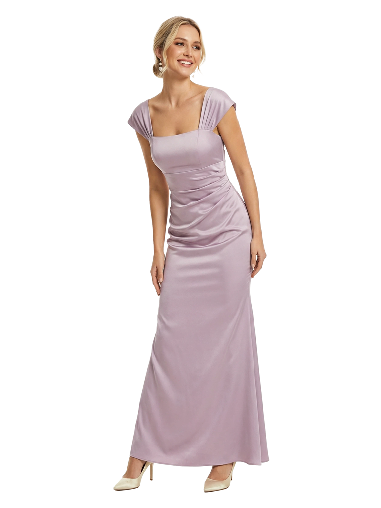 Chicsew Mother of The Groom Dresses Square Cap Sleeve Satin Mermaid Maxi Gown Elegant Ruched Formal Bridal Party Dress