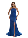Sexy Mermaid Strapless Simple Silky Satin Long Bridesmaid Dresses Side Slit
