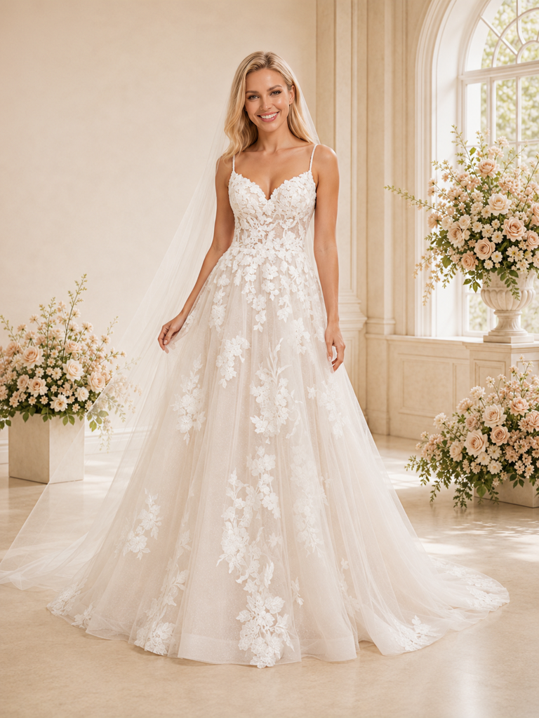 ChicSew Beautiful A-line Spaghetti Straps V-Neck Long Lace Appliques Wedding Dresses Online