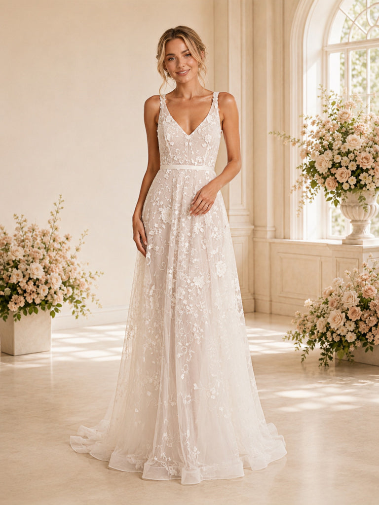 ChicSew Sexy Deep V-Back A-line Spaghetti Straps V-Neck Long Wedding Dresses Online