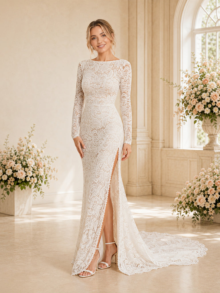 ChicSew Sexy Long Sleeves Side Slit Sabrina Mermaid Lace Wedding Dresses With Long Train