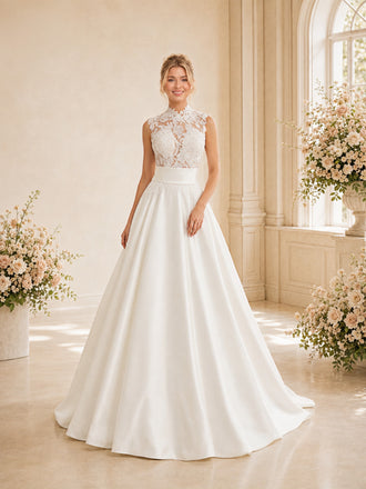 ChicSew Elegant High Neck Sleeveless Lace Satin A-Line Long Wedding Dress
