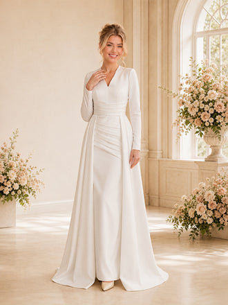 ChicSew Elegant V-Neck Ruching Long Sleeves Crepe Sheath Long Wedding Dresses