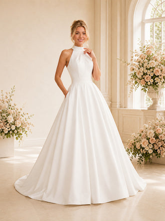 ChicSew Classic High Neck Sleeveless Satin A-Line Floor-Length Wedding Dresses