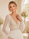 ChicSew Fancy Elegant Chiffon V-Neck Pleated A-Line Long Sleeves Maxi Wedding Dress With Applique