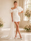 ChicSew Asymmetrical One Shoulder Satin With Ruffle Puff Sleeves Ruched Mini Wedding Dress
