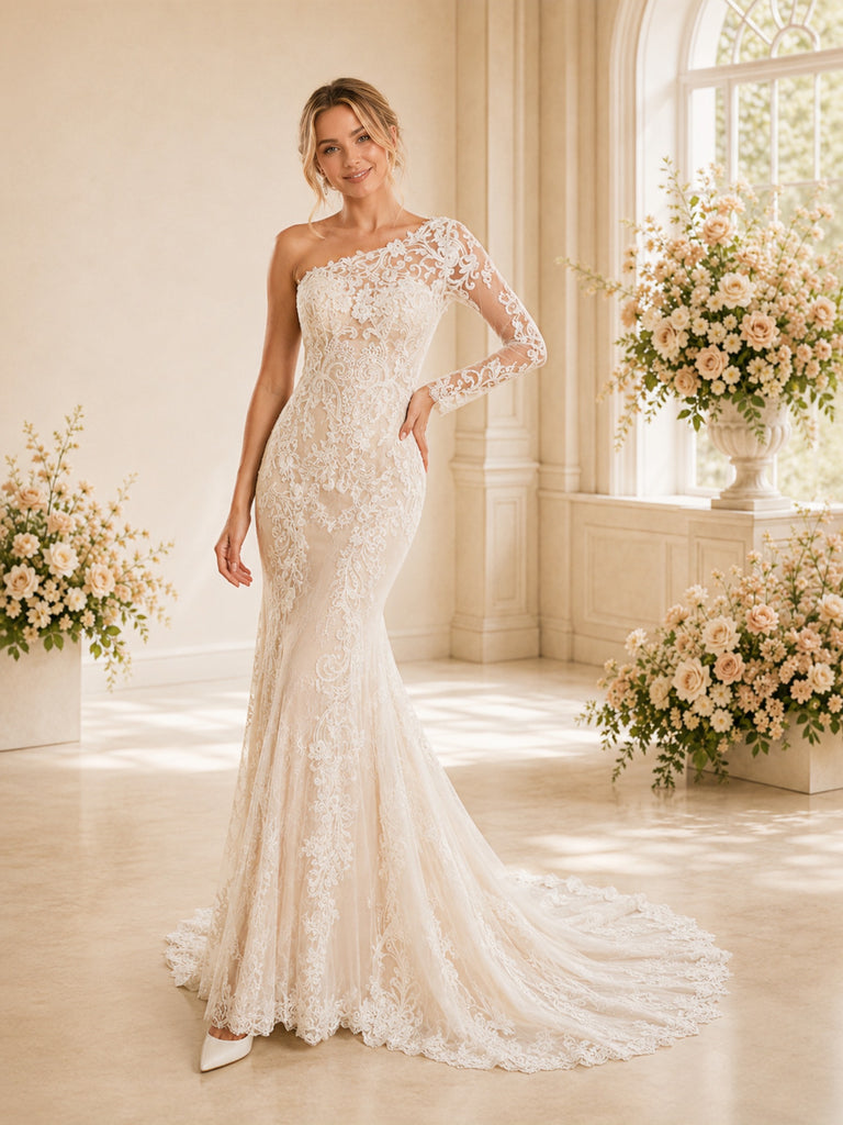 ChicSew Romantic Long Sleeve Mermaid Lace Wedding Dress With Asymmetric Neck And Long Train