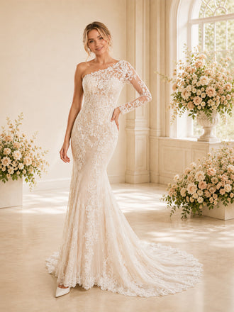 ChicSew Romantic Long Sleeve Mermaid Lace Wedding Dress With Asymmetric Neck And Long Train