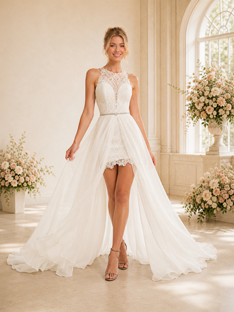 ChicSew Unique Lace Open Back Sheath Mini Wedding Dresses With Tulle Overskirt