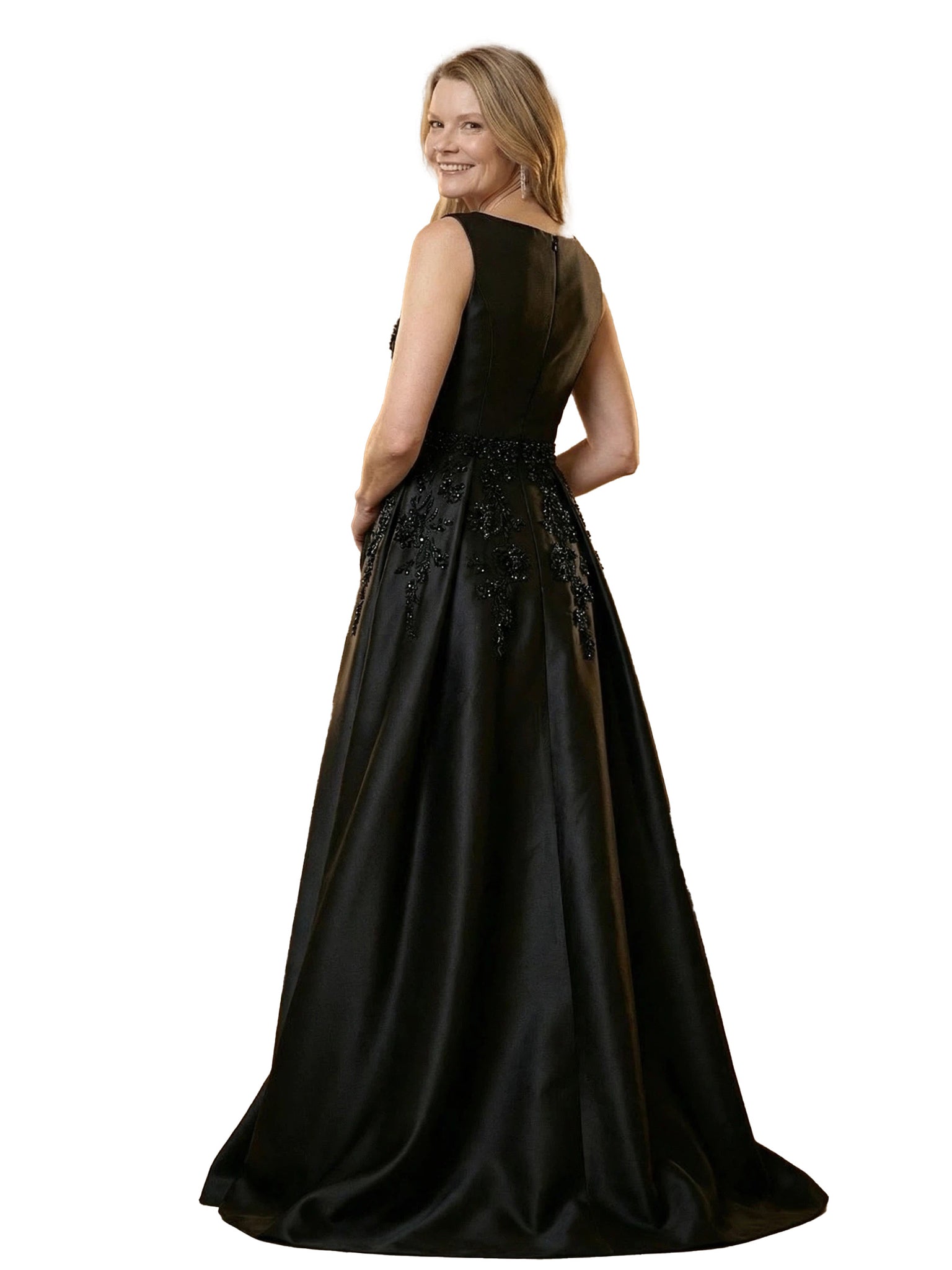 Chicsew V-Neck Sleeveless Beaded A-Line Floor Length Satin Formal Gown Elegant Mother of the Bride Dresses Overskirt