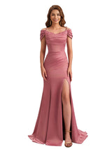 Sexy Soft Satin Cold Shoulder Mermaid Side Slit Unique Long Bridesmaid Dresses