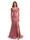 Sexy Soft Satin Cold Shoulder Mermaid Side Slit Unique Long Bridesmaid Dresses