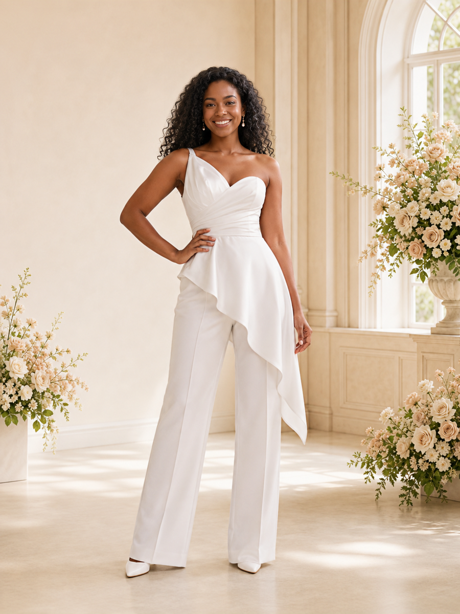 ChicSew Modern One Shoulder Ruching Satin Floor-Length Wedding Jumpsuit