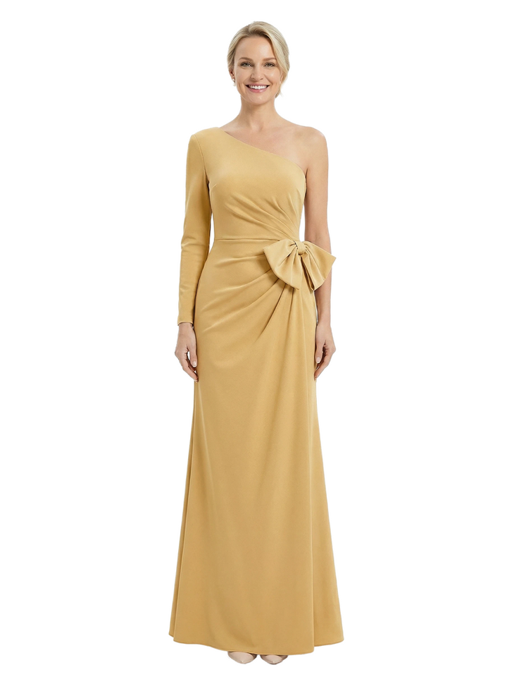 Chicsew Elegant Mother of The Groom Dress One Shoulder Long Sleeve Bow Accent Fitted Floor Length Satin Fabric Draped Detail Unique Classy Formal Wedding Event Gown