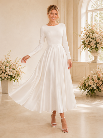 ChicSew Simple A-Line Jewel Long Sleeves Satin Tea-Length Wedding Dresses