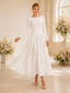 ChicSew Simple A-Line Jewel Long Sleeves Satin Tea-Length Wedding Dresses