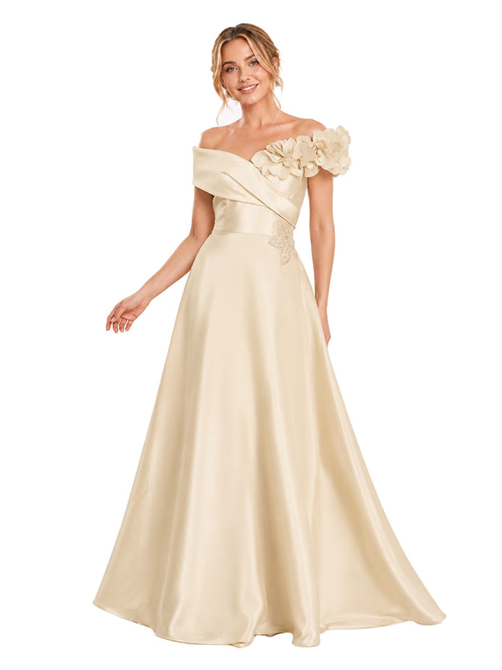 ChicSew Elegant Off Shoulder A-Line Floor-Length Satin Bridesmaid Dresses With Lace Appliques