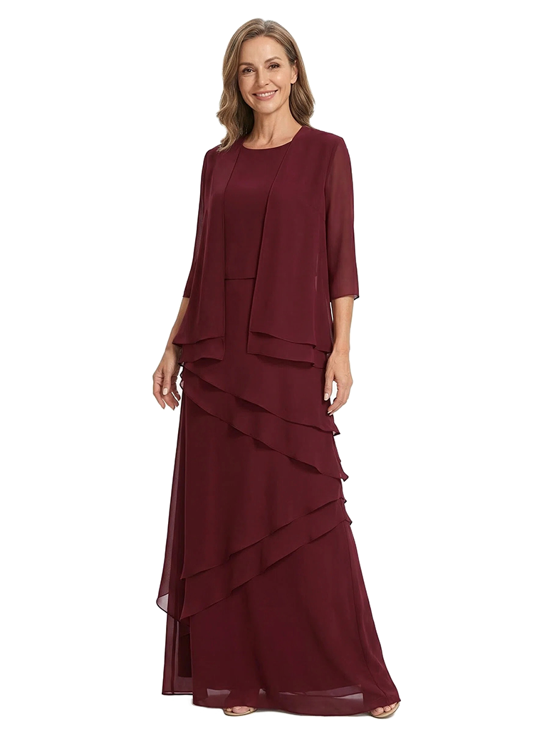 ChicSew Jewel 3/4 Sleeve Layered Ruffle Chiffon Two Piece Mother Of The Bride Dresses