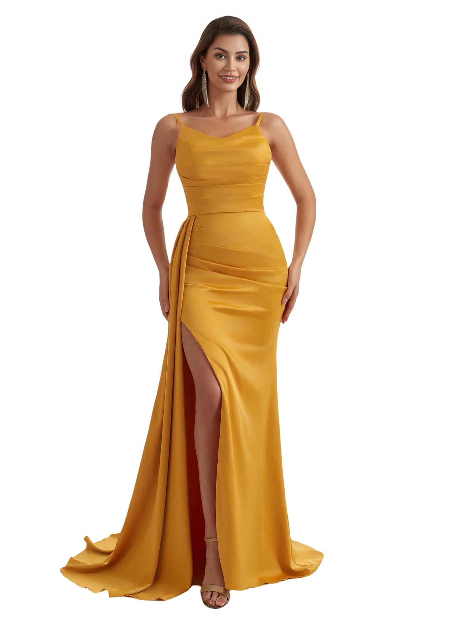 Elegant Side Slit Mermaid Ruched Satin Formal Long Bridesmaid Dresses Spaghetti Strap
