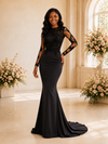 ChicSew Elegant Illusion Long Sleeves Satin Lace Appliques Mermaid Maxi Wedding Dress