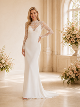 ChicSew Elegant High Neck Lace Long Sleeves Crepe Mermaid Foor-Length Wedding Dress