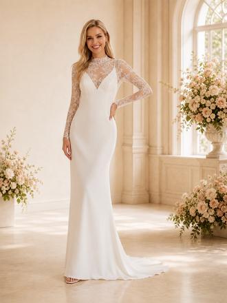 ChicSew Elegant High Neck Lace Long Sleeves Crepe Mermaid Foor-Length Wedding Dress