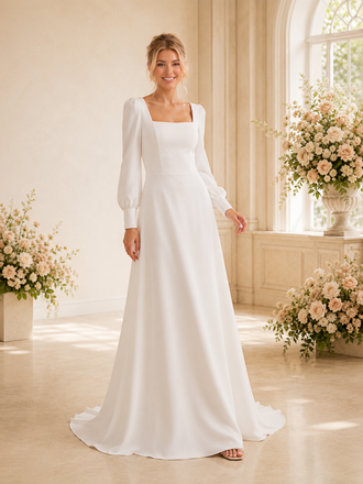 ChicSew Simple Square Long Sleeves Crepe A-Line Wedding Dresses With Train