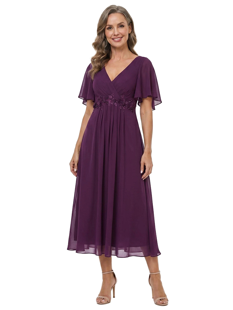 ChicSew V-Neck Flutter Sleeve Beaded Lace Applique Chiffon Tea Length A-Line Mother of the Bride Dress
