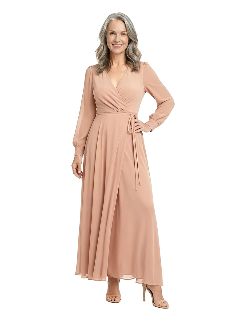 ChicSew Pretty Long Sleeves V-Neck Chiffon A-Line Ruched Mother Of The Bride Gowns Ankle-Length