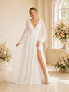 ChicSew Elegant V-Neck Long Sleeves Chiffon A-Line Maxi Wedding Dress With Side Slit