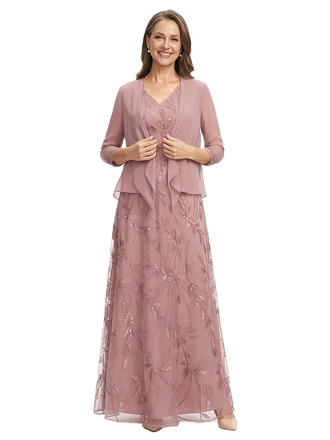 ChicSew V-Neck Lace Long Sleeve A-Line Chiffon Mother of the Bride Dresses And Jacket